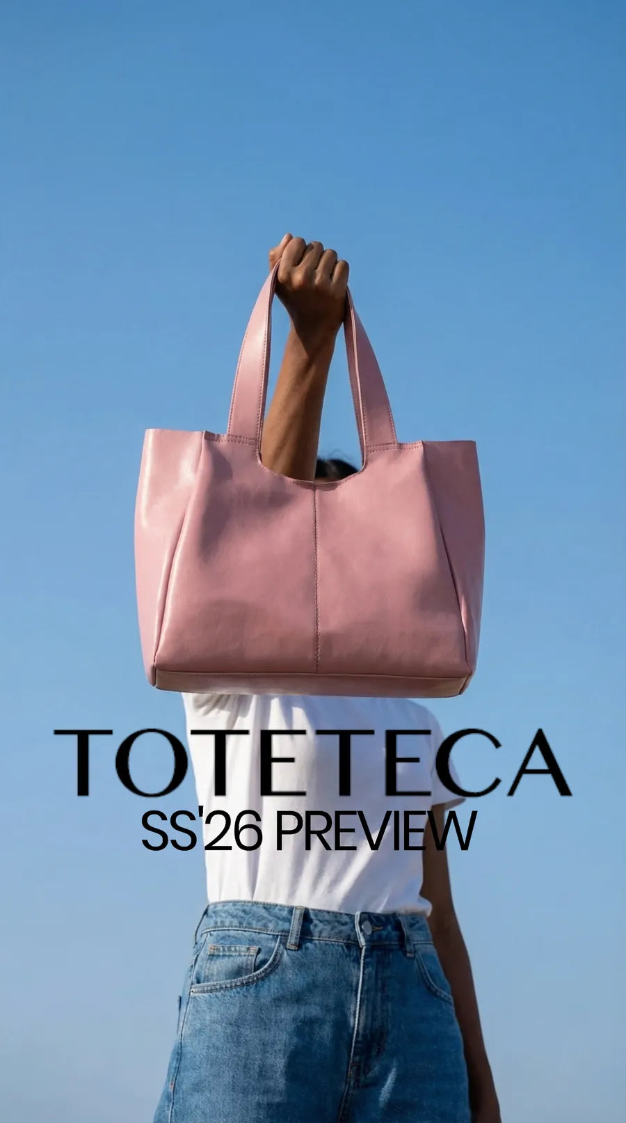 Toteteca SS26 preview - pink tote held up against a blue sky