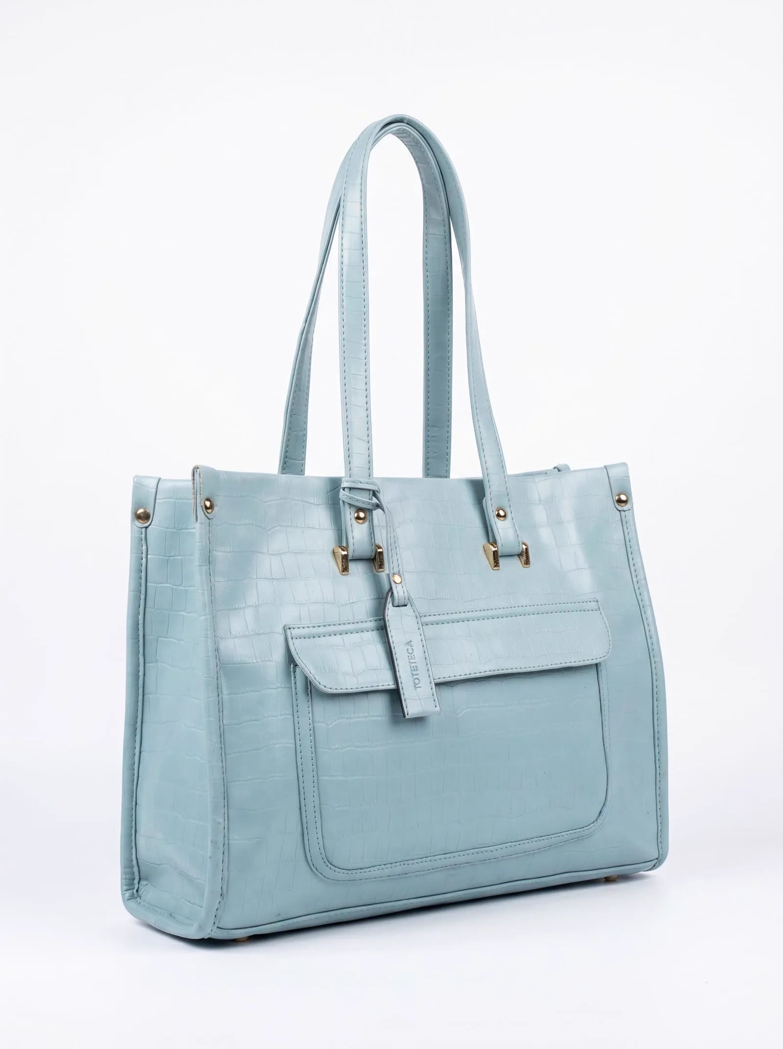 Sky blue croc-texture Toteteca tote with front pocket