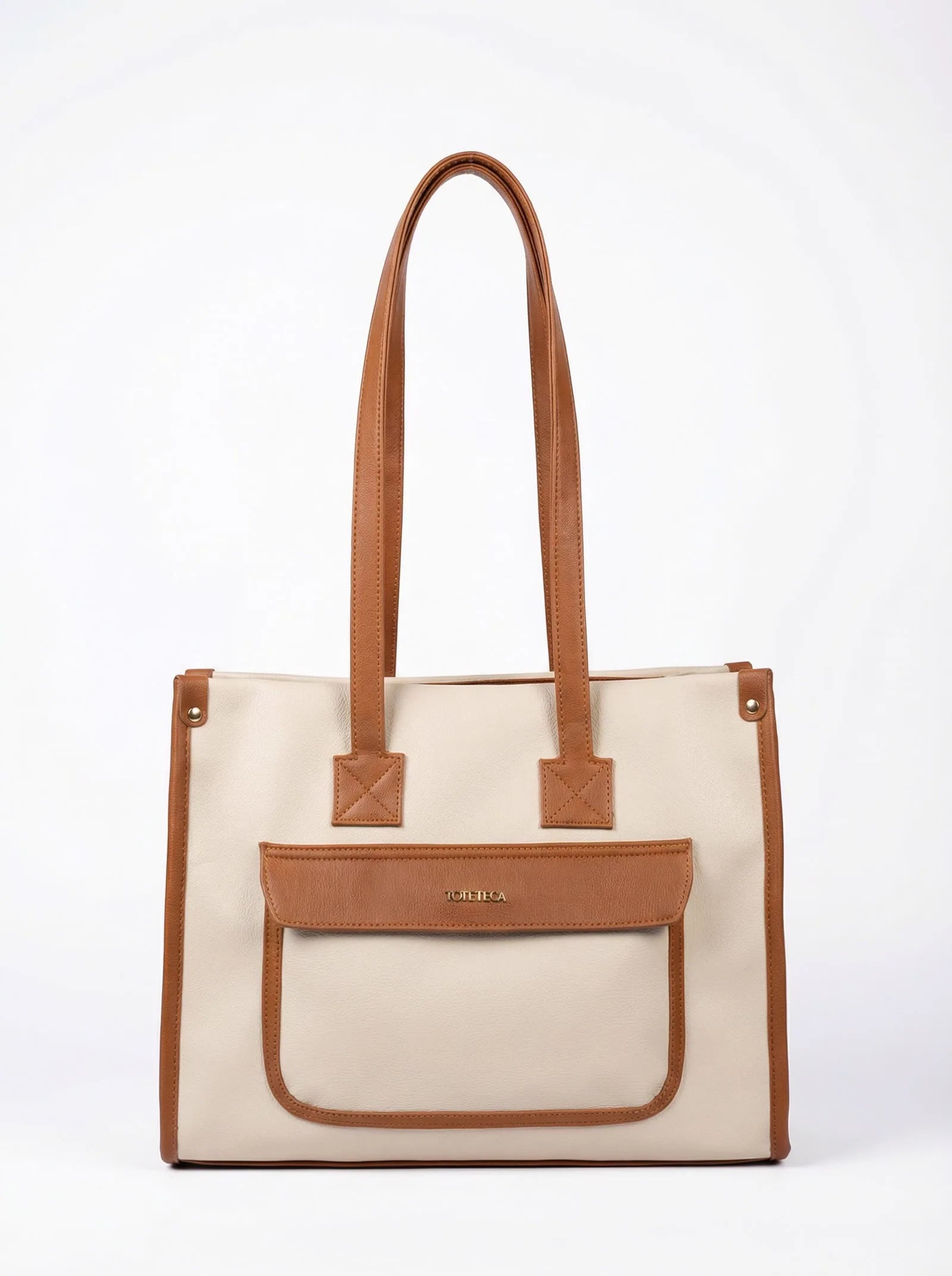 Cream Toteteca tote with tan front pocket and long tan handles