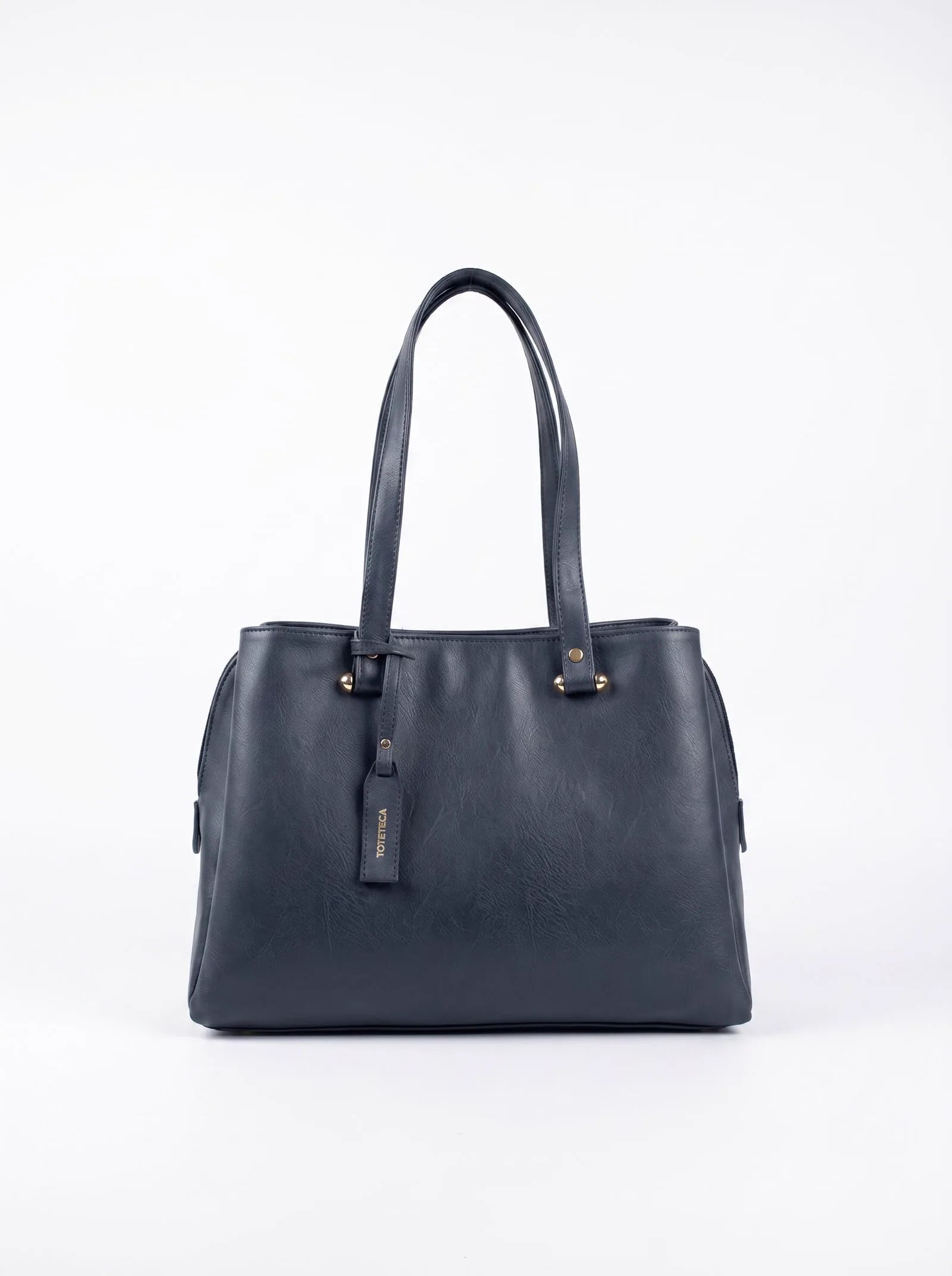 Navy Toteteca shoulder bag with double handles and logo tag