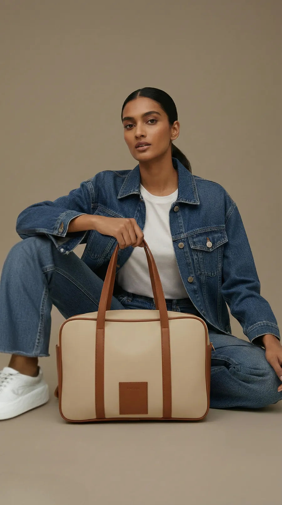 Model in double denim seated with a cream and tan Toteteca duffel