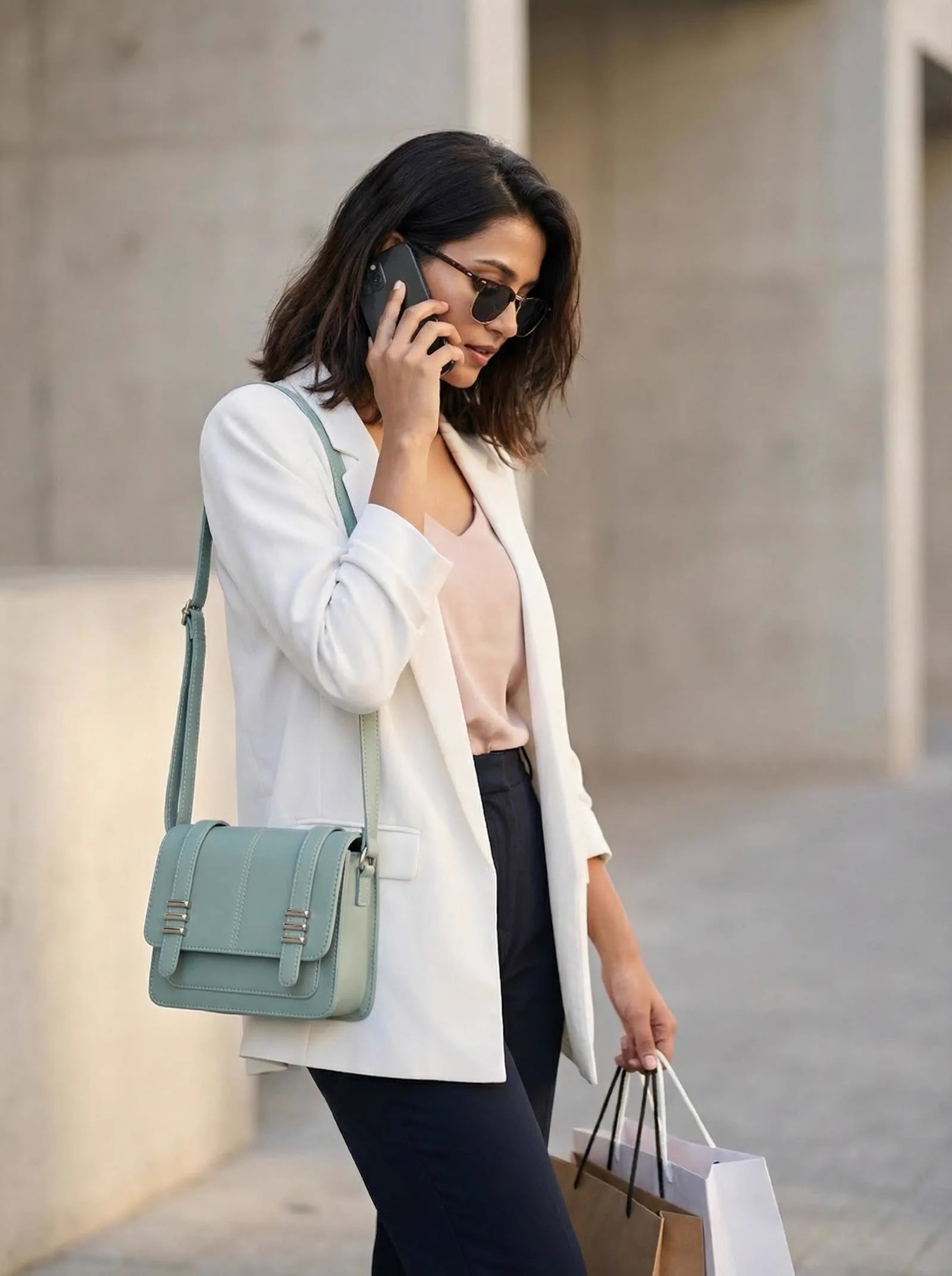 Woman in a white blazer with a sage green Toteteca satchel, out shopping