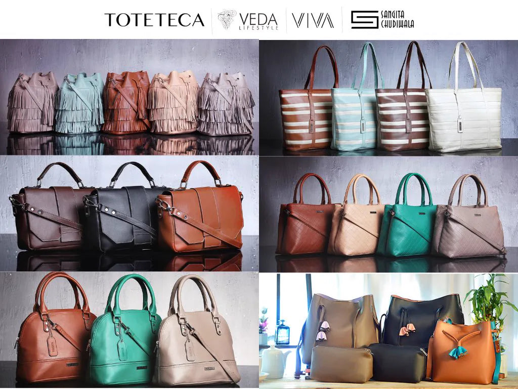Toteteca product range — duffels, fringe totes, striped totes and structured handbags