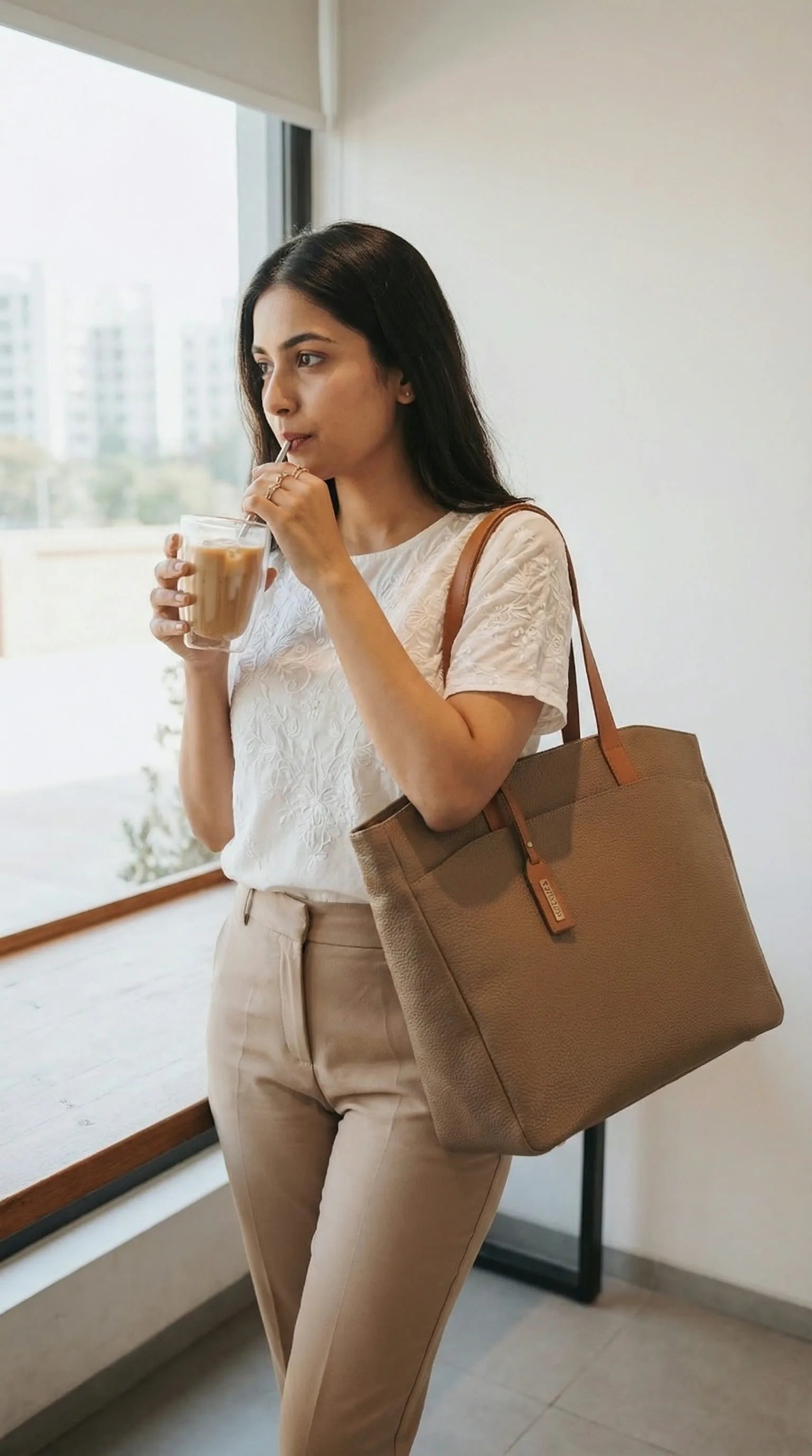 Taupe Toteteca tote on the shoulder of a woman sipping iced coffee by a cafe window
